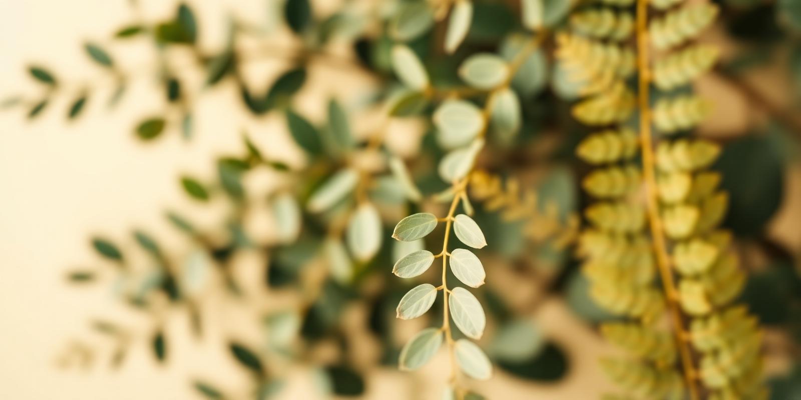 Soft blurred eucalyptus and fern leaves against a cream background