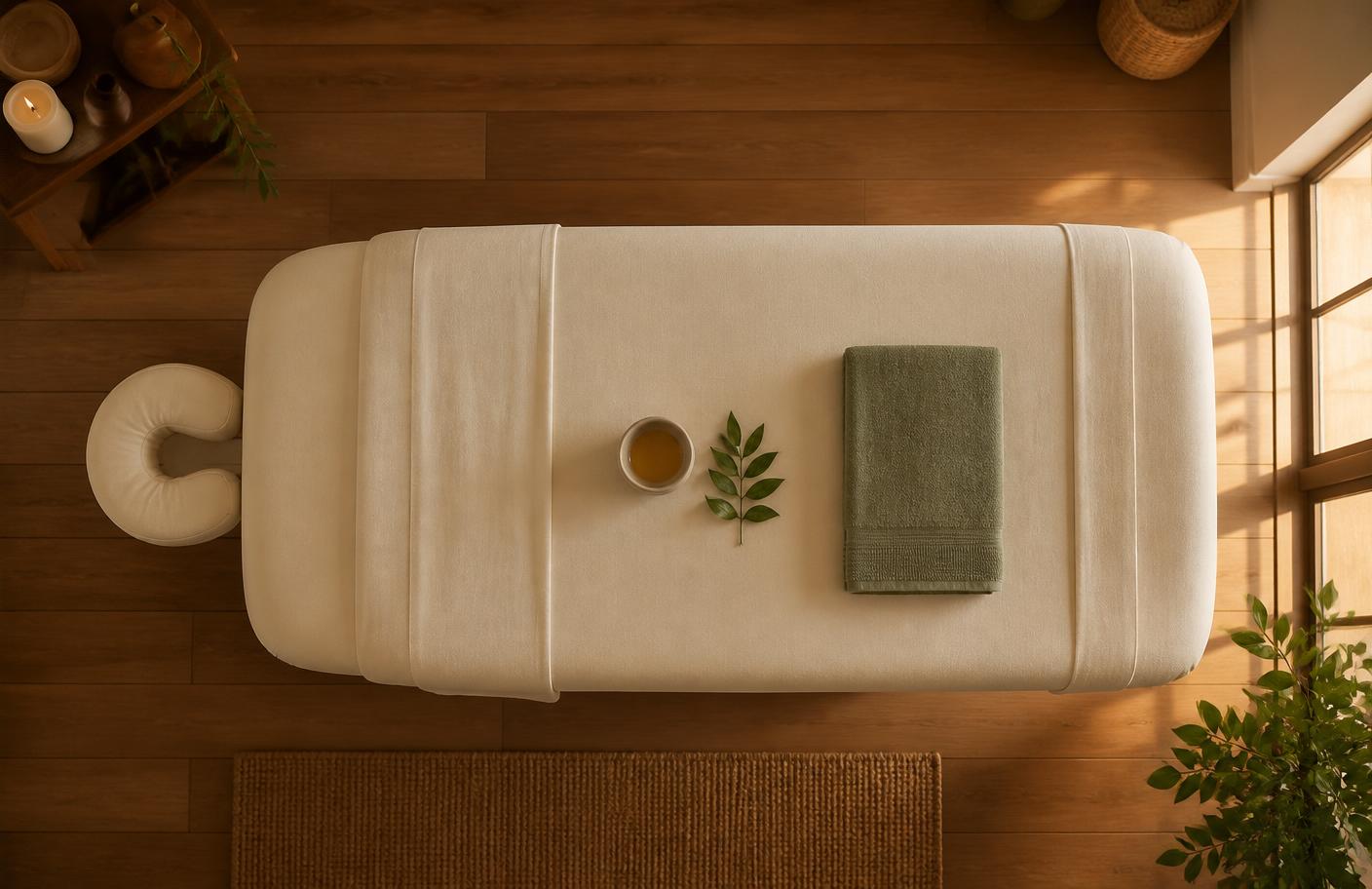 Overhead view of a massage table dressed with cream linens, a sage green towel, and a small bowl of oil